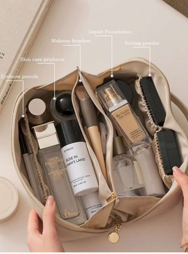 Spacious cosmetic bag for travel in various colors.