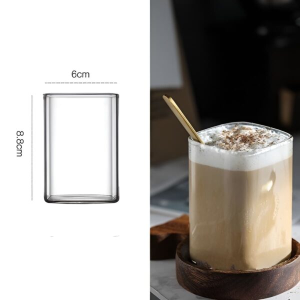 A picture displaying a drinking glass with clear measurements marked on one side, containing iced mocha.