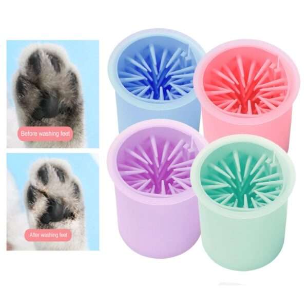 An image of a dog's paw being cleaned with a dog paw cleaner paw cleaner. The dog paw cleaner is a small, handheld device with a container for water and soft bristles on the inside. This dog paw cleaner is designed to be portable and compact, with a comfortable grip for ease of use.