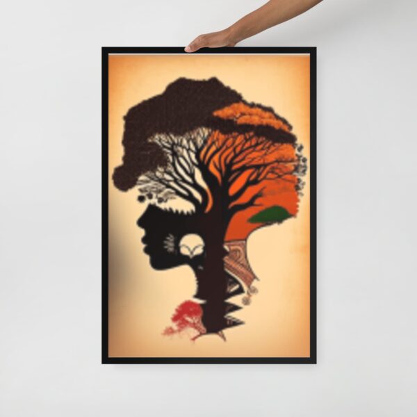 "Girl with curly hair made of trees in an abstract art piece"