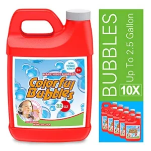 A bottle of bubble solution refill featuring the text 'Bubbles 10x' on the side. This concentrated solution can create up to 2.5 gallons of delightful bubbles.