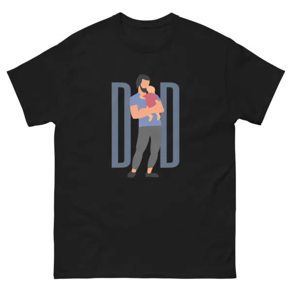 "DAD" in steel blue font with a graphic of a dad holding a baby on a black t-shirt.