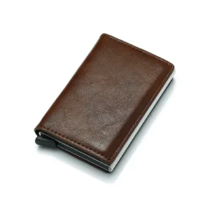 Coffee-colored RFID wallet on a white background.