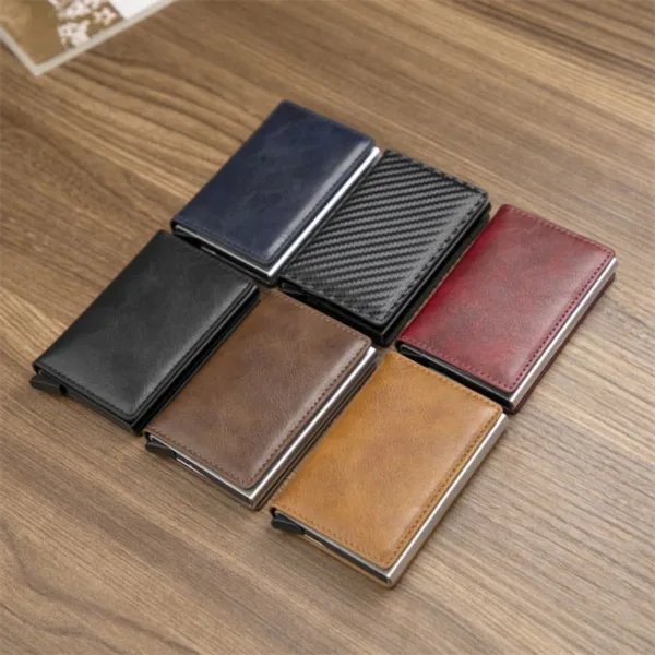 Six RFID wallets in various colors arranged on a wooden table.