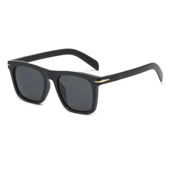 Classic square black sunglasses with black lenses.