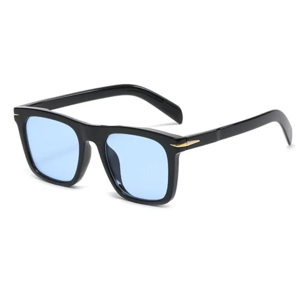 Stylish square black sunglasses with blue lenses.
