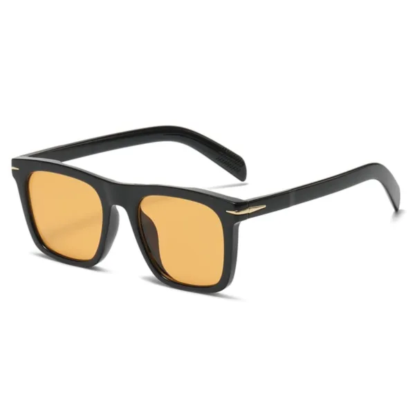 Trendy square black sunglasses with vibrant orange lenses.