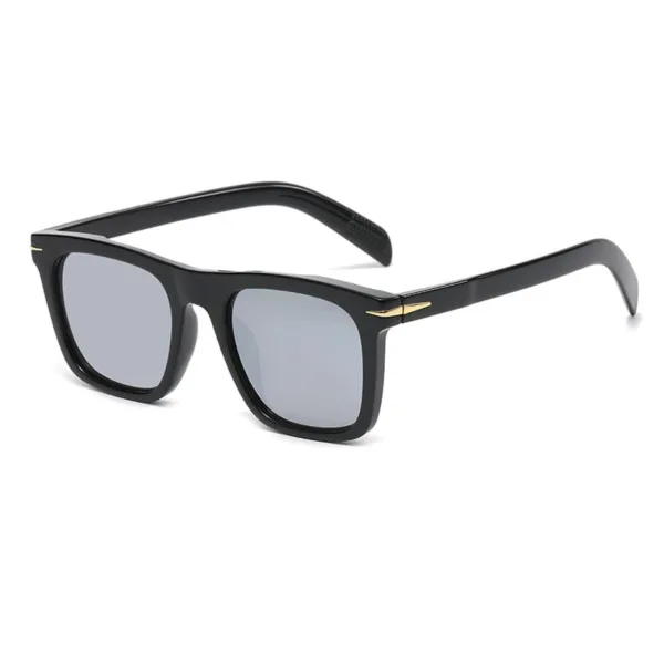 Stylish square black sunglasses with sleek silver lenses.