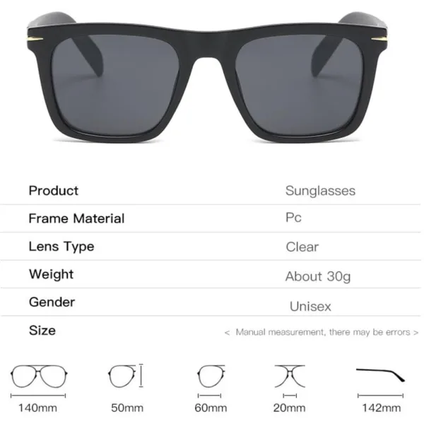 Detailed view of sunglasses: product materials, lens size, frame size, and more.