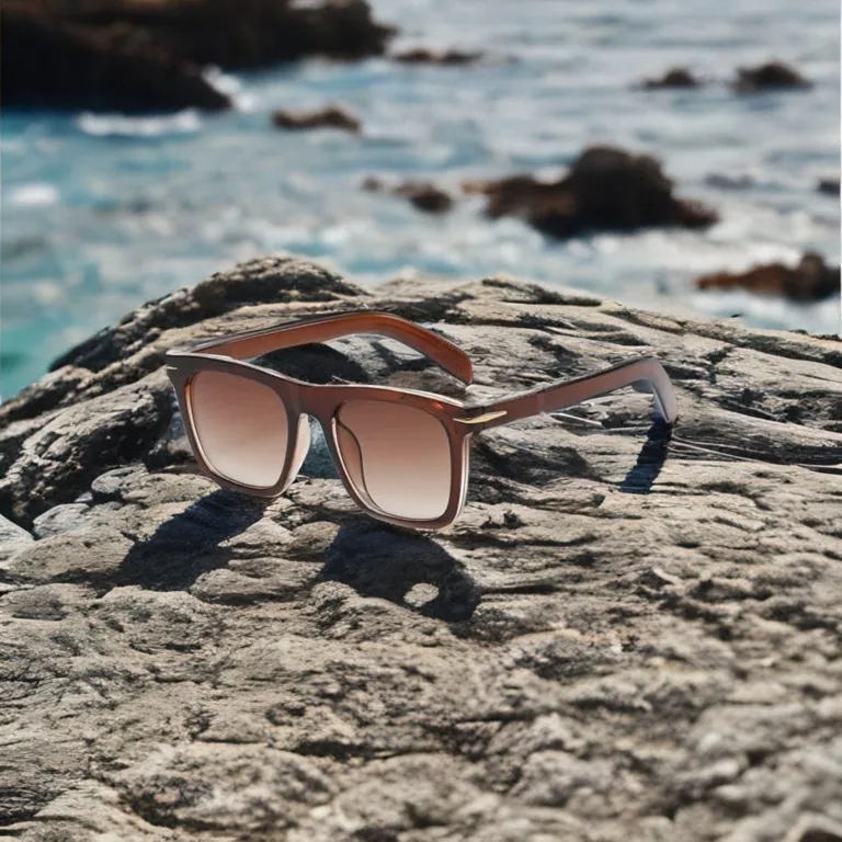 Brown square sunglasses on a rock on a beach.